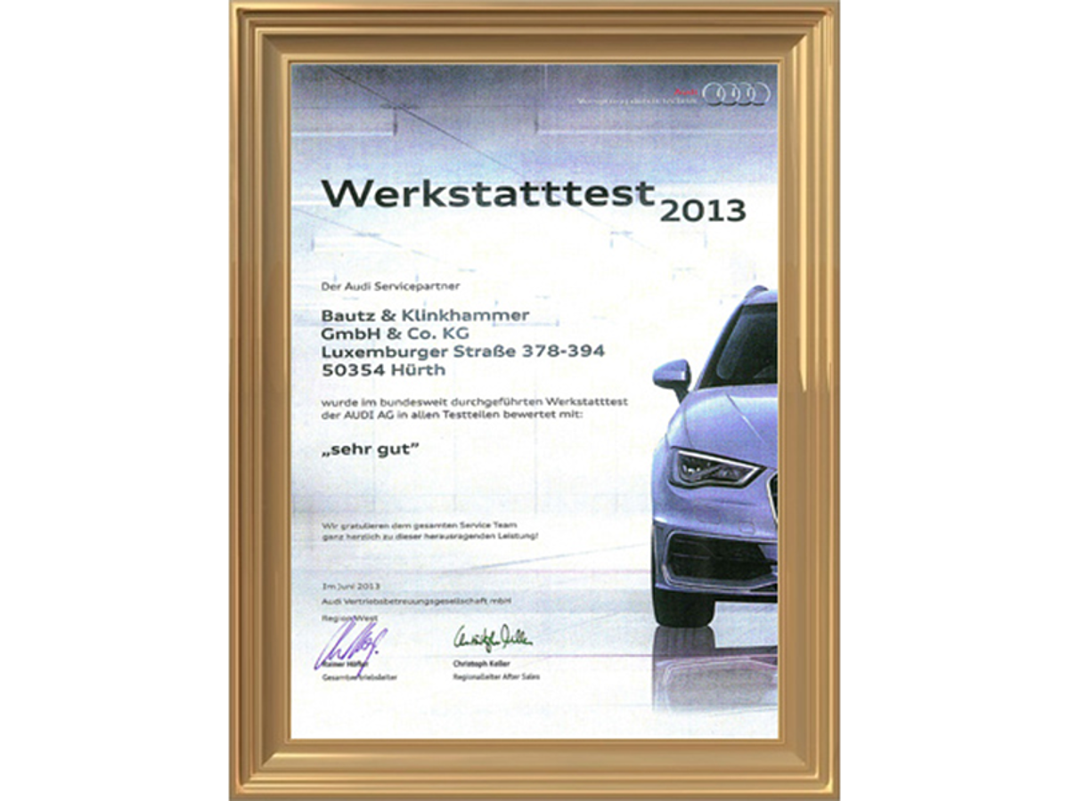 Bautz & Klinkhammer wird für „sehr gute“ Leistung im Werkstatttest von Audi AG ausgezeichnet. error_file_does_not_exist